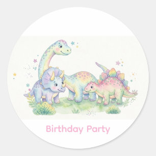 Pegatina Redonda Fiesta de Cumpleaños de Dinosaurio con Acuarela Pa