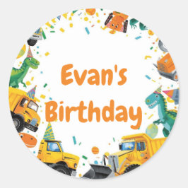Pegatina Redonda Fiesta de Cumpleaños de Dinosaurio de Construcción