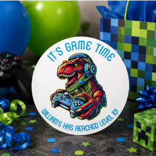 Pegatina Redonda Fiesta de cumpleaños de dinosaurios de videojuegos