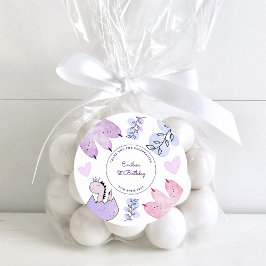 Pegatina Redonda Fiesta de cumpleaños de Dinosaurios Pink Purple Gr