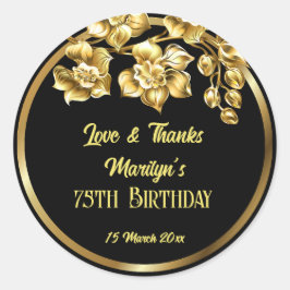 Pegatina Redonda Fiesta de cumpleaños de flores de oro y negro pers