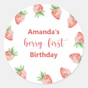 Pegatina Redonda Fiesta de cumpleaños de fresas con acuarela para 1