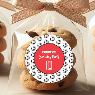 Pegatina Redonda Fiesta de Cumpleaños de Fútbol Niño Rojo