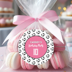 Pegatina Redonda Fiesta de cumpleaños de fútbol para niñas rosadas