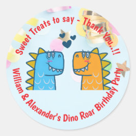 Pegatina Redonda Fiesta de cumpleaños de gemelos Dino Roar