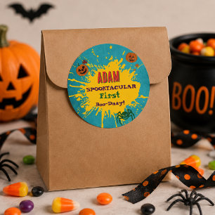 Pegatina Redonda Fiesta de cumpleaños de Halloween para niños Hallo