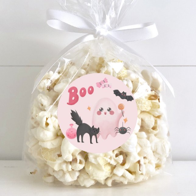 Pegatina Redonda Fiesta de cumpleaños de Halloween Rosa (Cute Pink Halloween Birthday Party Classic Round Sticker)