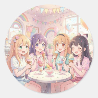 Pegatina Redonda Fiesta de Cumpleaños de Helado de Chica de Anime P
