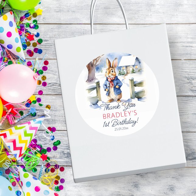 Pegatina Redonda Fiesta de cumpleaños de invierno de Peter rabbit (Peter Rabbit winter themed birthday party favor gift thank you stickers watercolor cute bunny snowy)