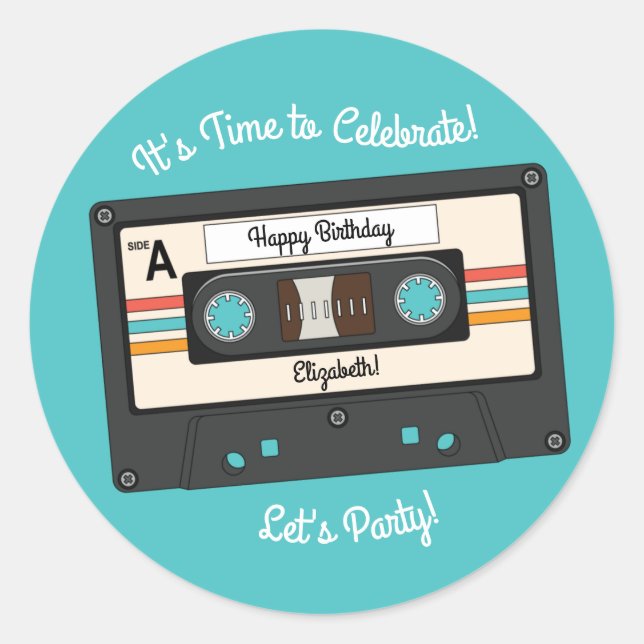 Pegatina Redonda Fiesta de cumpleaños de la cinta Cassette de la Re (Anverso)
