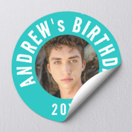 Pegatina Redonda Fiesta de cumpleaños de la foto turquesa moderna d