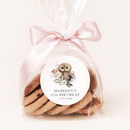 Pegatina Redonda Fiesta de cumpleaños de la lechuza cuta acuarela