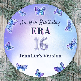 Pegatina Redonda Fiesta de cumpleaños de la mariposa morada Eras