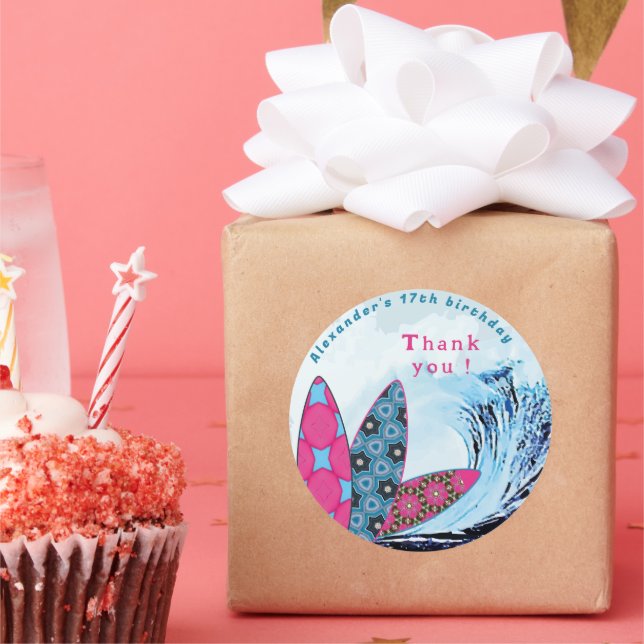 Pegatina Redonda Fiesta de cumpleaños de la playa de surf (Fiesta)