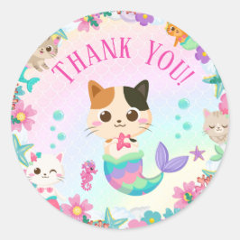 Pegatina Redonda Fiesta de cumpleaños de la sirena del gato Meowmai