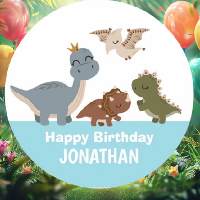 Pegatina Redonda Fiesta de cumpleaños de los dinosaurios del Boho A (Add a touch of whimsy to your little one's space with our blue Boho dinosaur baby sticker! )