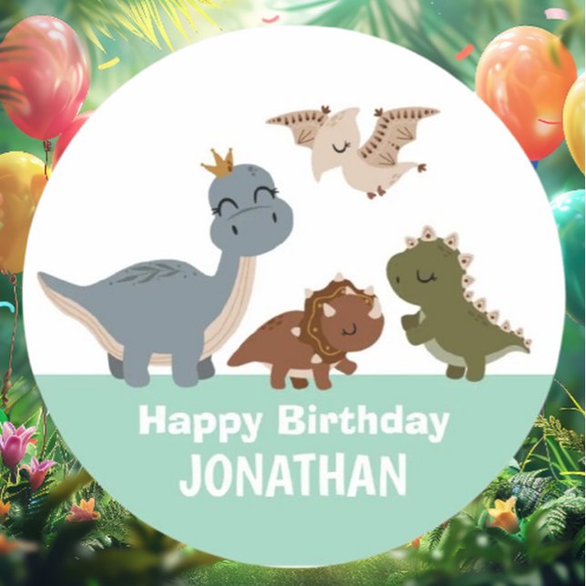 Pegatina Redonda Fiesta de cumpleaños de los dinosaurios del Boho V (Celebrate in style with our Green Boho Dinosaur Birthday Party stickers!)