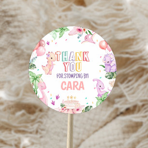 Pegatina Redonda Fiesta de cumpleaños de los dinosaurios rosados de