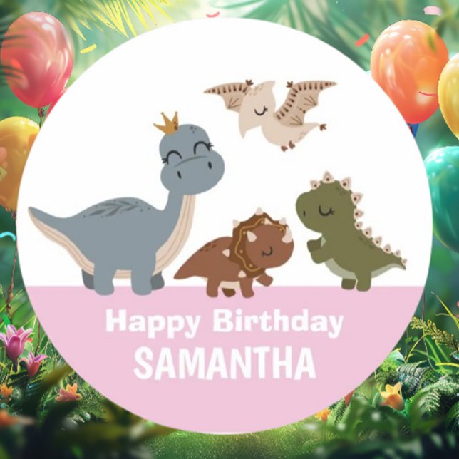 Pegatina Redonda Fiesta de cumpleaños de los dinosaurios rosados de (Discover adorable pink Boho dinosaur baby stickers that add a playful touch )