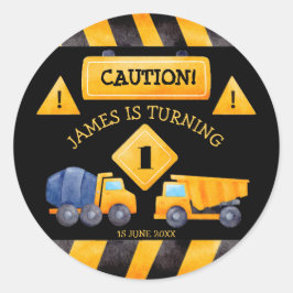 Pegatina Redonda Fiesta de cumpleaños de los niños de los camiones