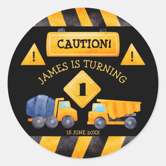 Pegatina Redonda Fiesta de cumpleaños de los niños de los camiones  (Anverso)