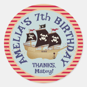 Pegatina Redonda Fiesta de cumpleaños de los niños del barco pirata
