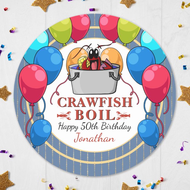 Pegatina Redonda Fiesta de Cumpleaños de Mariscos con Hervido de Ca (Crawfish Boil Birthday Seafood Party Classic Round Sticker Perfect for a birthday of any age!)