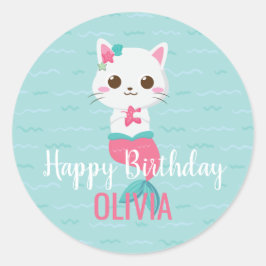 Pegatina Redonda Fiesta de cumpleaños de Mermaid Kitty