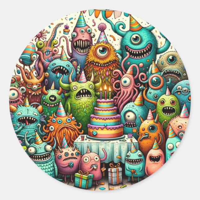 Pegatina Redonda Fiesta de cumpleaños de Monster (Anverso)