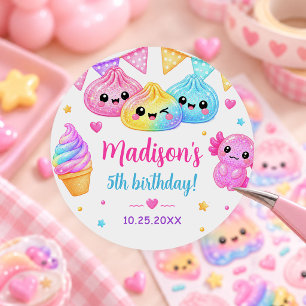 Pegatina Redonda Fiesta de Cumpleaños de Niña Colorida Arcoíris Squ