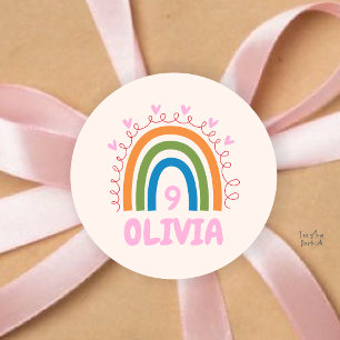 Pegatina Redonda Fiesta de cumpleaños de niña Diseño de arcoíris li