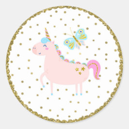 Pegatina Redonda Fiesta de Cumpleaños de Niñas Unicornio con Brillo