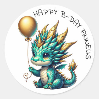 Pegatina Redonda Fiesta de cumpleaños de niño dragón Verde azulado