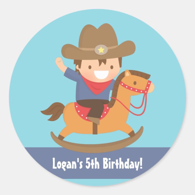 Pegatina Redonda Fiesta de Cumpleaños de Niños Vaqueros Lindos del  (Anverso)