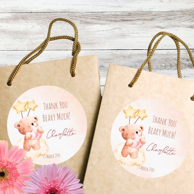 Pegatina Redonda Fiesta de cumpleaños de oso dulce personalizada (Teddy bear birthday party personalized thank you favor sticker cute teddy bear favor stickers)