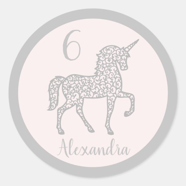 Pegatina Redonda Fiesta de cumpleaños de Pastel Silver Unicorn Nomb (Anverso)
