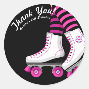 Pegatina Redonda Fiesta de Cumpleaños de Patinaje en Patines Rosa y