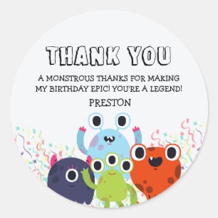 Pegatina Redonda Fiesta de cumpleaños de pequeños monstruos para to