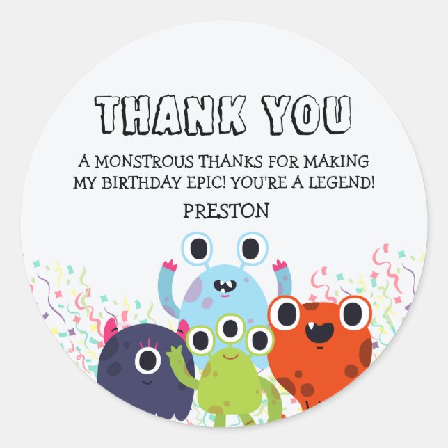 Pegatina Redonda Fiesta de cumpleaños de pequeños monstruos para to (Anverso)