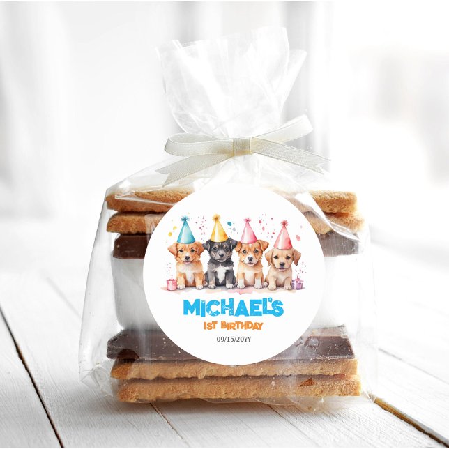 Pegatina Redonda Fiesta de cumpleaños de perro con porras (Subido por el creador)