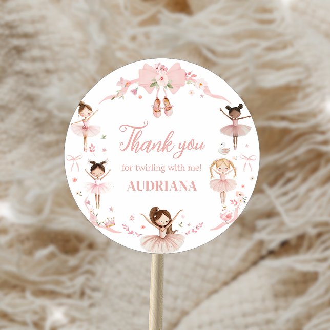 Pegatina Redonda Fiesta de cumpleaños de Pink Ballerina (Pink Ballerina Birthday Party Sticker)