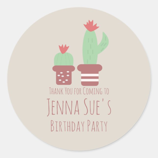 Pegatina Redonda Fiesta de Cumpleaños de Plantas de Cactus Modernas (Anverso)