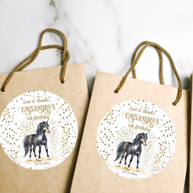 Pegatina Redonda Fiesta de cumpleaños de Pony oro de caballo negro  (Pony birthday party thank you favor gift stickers watercolor black horse gold sprinkles)