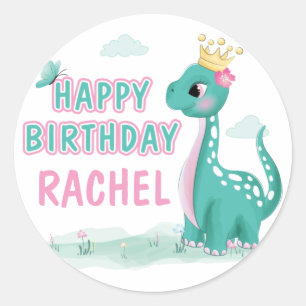 Pegatina Redonda Fiesta de cumpleaños de princesa niña dinosaurio r