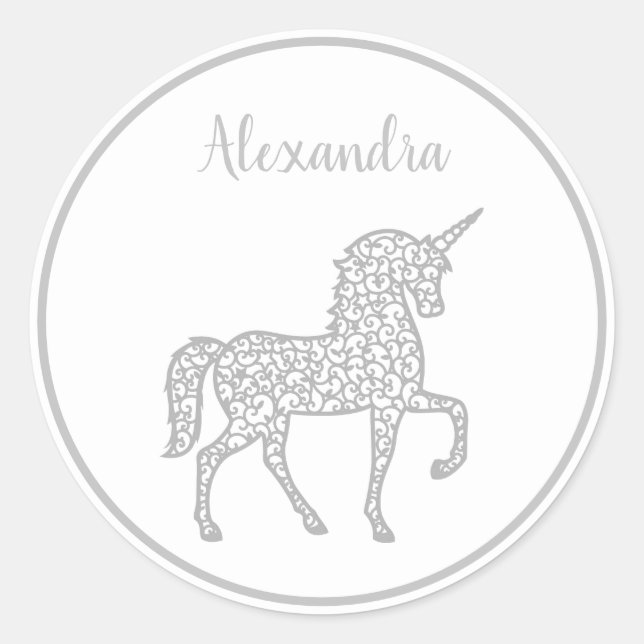 Pegatina Redonda Fiesta de cumpleaños de Silver Unicorn Nombre prop (Anverso)
