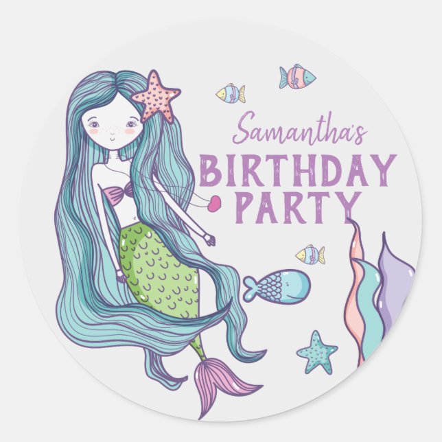 Pegatina Redonda Fiesta de Cumpleaños de Sirena Personalizada (Anverso)