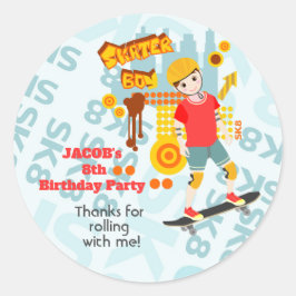 Pegatina Redonda Fiesta de cumpleaños de Skate Park Fun Boy