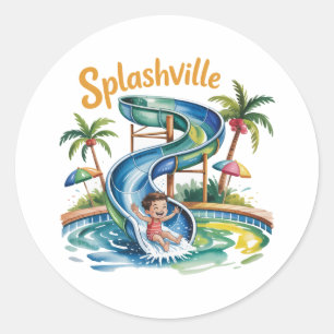 Pegatina Redonda Fiesta de cumpleaños de Splashville Water Slide Bo
