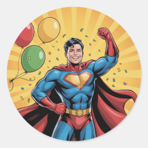 Pegatina Redonda Fiesta de Cumpleaños de Superhéroes Niños