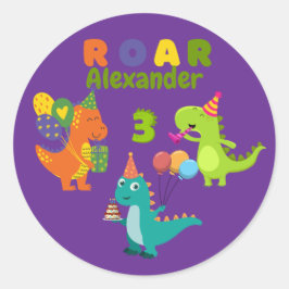 Pegatina Redonda Fiesta de cumpleaños de tres años de duración Dino